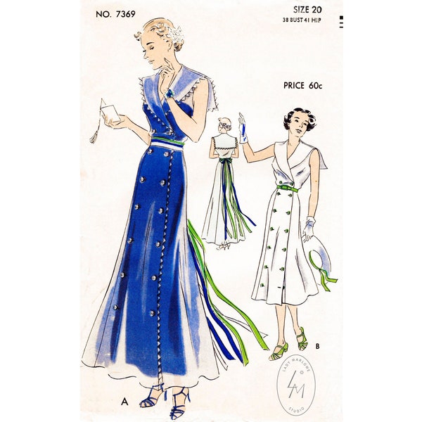 modèle de couture vintage années 1930 30s robe femmes été détails nautiques marin ruban ruban glands boutons buste 38 b38 reproduction / 1930