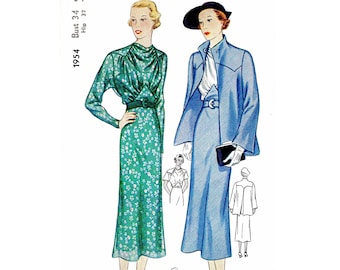 Jaren '30 jaren '30 jurk en jasje vintage reproductie van naaipatroon // 2-delig ensemble // art-decostijl // ruches // buste 34