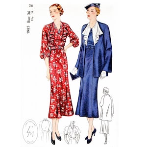 May include: A vintage sewing pattern illustration featuring two women wearing dresses. The woman on the left is wearing a red floral dress with a ruffled collar and a belt. The woman on the right is wearing a blue dress with a ruffled collar and a matching jacket. The pattern number is 1985, bust size 36, and hip size 39.