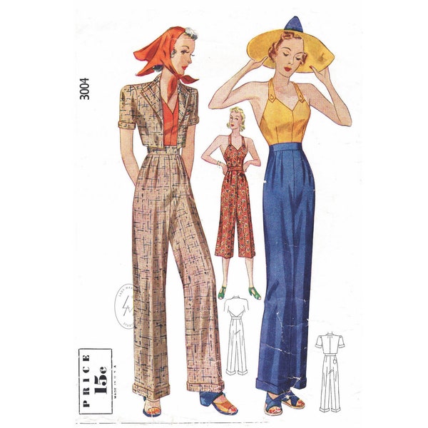 1930s 30s vintage sewing pattern / cuffed pants slacks trousers / cropped bolero jacket / halter top / bust 32 34 36 38 40