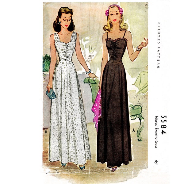 1940s 40s vintage sewing pattern repro / evening gown cocktail dress / gathered bodice / spaghetti straps / bust 32 34 36 38 40