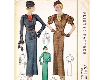 30s 1930s vintage reproduction sewing pattern day dress or 2 piece skirt suit peplum waist wiggle skirt bust 32 b32 / 1930