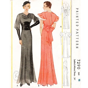 1930s evening dress vintage sewing pattern reproduction / sleeves in 3 styles / gown / cowl neck / bust 36