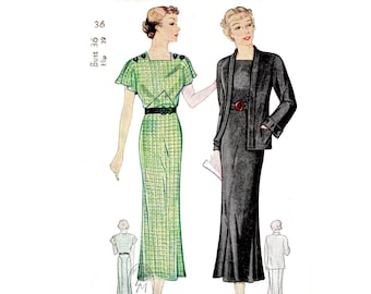 Jurk jaren 1930 vintage reproductie naaipatroon / 2-delig ensemble / sjaalkraag jas / art-decostijl / buste 36 / jaren 1930
