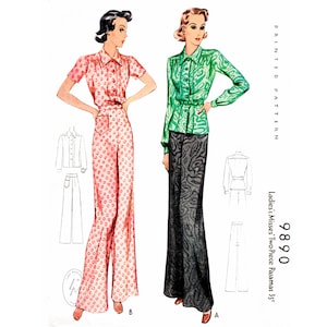 vintage sewing pattern 1930s 30s reproduction / wide leg trousers pants slacks / button down shirt loungewear pajamas / bust 34 36 38 40 42
