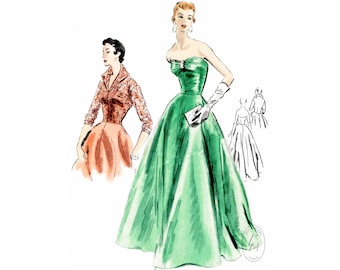 vintage sewing pattern 1950s 50s evening dress ball gown / fitted jacket / strapless bustier / bust 34 reproduction