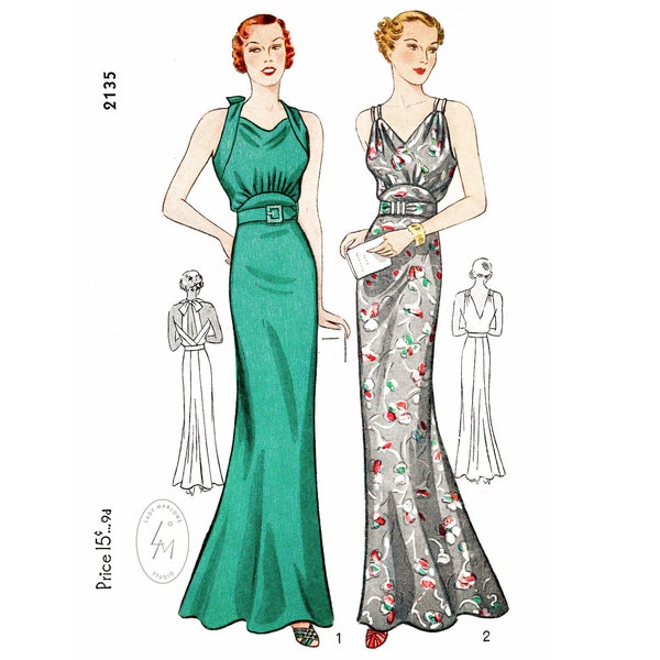 vintage sewing pattern 1930s 30s evening // reproduction  // 2 styles // t straps// draped neckline // bust 34 36 38 40 42/ 1930