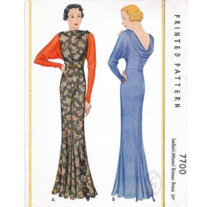 vintage sewing pattern 1930s evening dress reproduction / bias cut cowl neck / batwing sleeve/ 2 styles / English & French / PICK YOUR SIZE