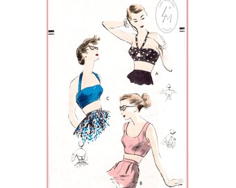vintage sewing pattern 1950s 50s / crop top bra bikini top halter bustier scoop neck blouse / Bust 32 B32 reproduction