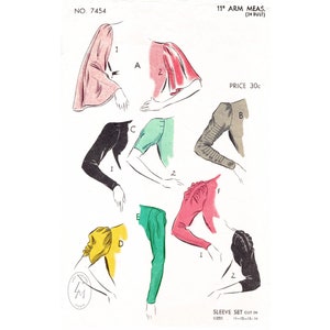 Puede incluir: Un patr&oacute;n de costura vintage con seis estilos diferentes de mangas. El patr&oacute;n es para una medida de brazo de 11 pulgadas y un busto de 34 pulgadas. Las mangas se muestran en varios colores, incluyendo rosa, rojo, negro, verde y amarillo.