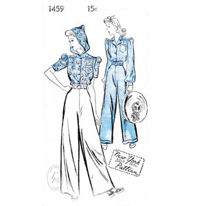 1940s 40s rosie the riveter workwear / hooded blouse / reproduction vintage women&#39;s sewing pattern / PICK YOUR SIZE bust 32 34 36 38