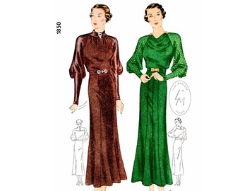 1930s 30s dress vintage sewing pattern  // draped collar // bishop sleeves // high neckline // bust 32 34 36 38 40/ 1930