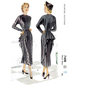 1940s vintage sewing pattern cocktail dress reproduction / draped bustle overskirt / 2 styles / bust 36