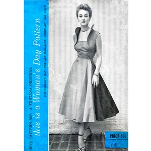 May include: A vintage sewing pattern for a dress, featuring a woman wearing a sleeveless dress with a wide, wrap-style skirt. The pattern is titled "this is a Woman's Day Pattern" and is from the February 1952 issue of Woman's Day magazine. The price is 35 cents.