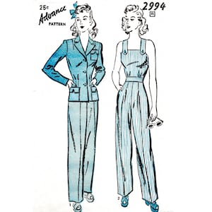 vintage sewing pattern 1940s rosie the riveter overalls blouse trousers   bust 32 34 36 38 40