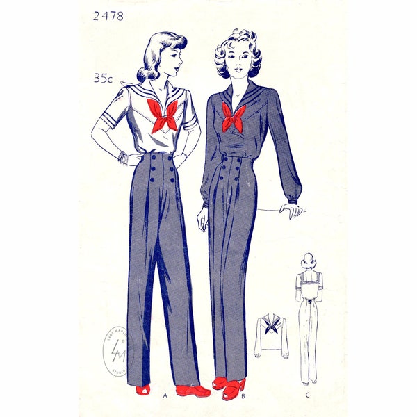 1940s 40s sailor suit 2 styles / blouse nautical trousers / reproduction vintage women's sewing pattern / PICK YOUR SIZE bust 30 32 34 36 38
