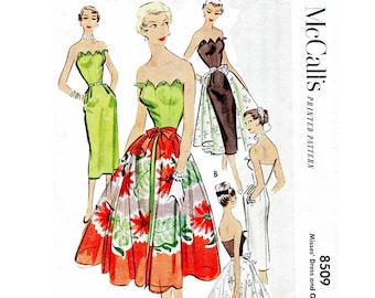 vintage sewing pattern 1950s 50s evening cocktail dress   // petal shaped bodice // detachable overskirt // Bust 32 34 36 38