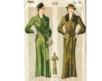 vintage sewing pattern Vintage Sewing Pattern 1930s 30s Simplicity 1264 coat fur collar belt pockets bust 36 b36 reproduction