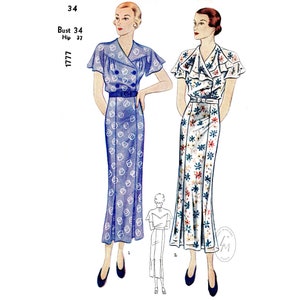 1930s dress pattern dress in 2 styles // flutter sleeves // double breasted // vintage sewing pattern reproduction // bust 34