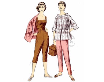 May include: A vintage sewing pattern from Advance, pattern number 77074, featuring two outfits. The first outfit is a brown jumpsuit with a square neckline and capris. The second outfit is a pink blouse with a diamond pattern and a pair of pink pants. The pattern is featured in Mademoiselle magazine.