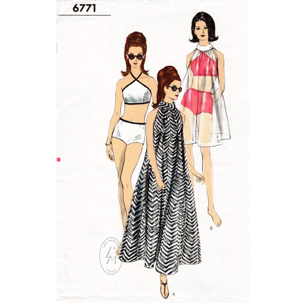 1960s 60s bikini & kaftan vintage sewing pattern reproduction // beachwear  bathing suit // Bust 32 34 36 38