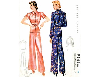 1930s 1940s  vintage sewing pattern reproduction pants loungewear pajama sewing pattern Bust 34 B34