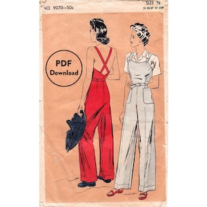 vintage sewing pattern 40s 1940s vintage rosie the riveter pattern workwear slacks overalls jumpsuit WWII bust 34 b34 Instant Download