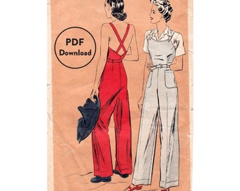 vintage sewing pattern 40s 1940s vintage rosie the riveter pattern workwear slacks overalls jumpsuit WWII bust 34 b34 Instant Download