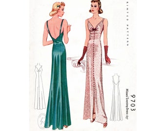 1930s 30s evening gown pattern / strappy dress / low v back / vintage sewing pattern  / bust 32 34 36 38 40/ 1930