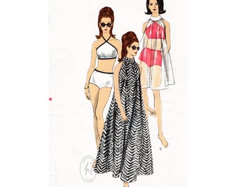 1960s 60s bikini & kaftan vintage sewing pattern reproduction // beachwear  bathing suit // Bust 32 34 36 38