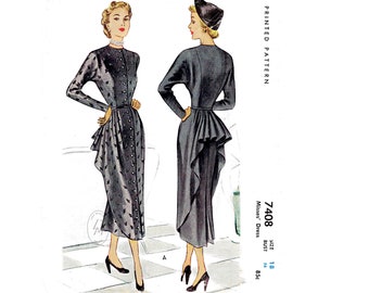 Patrón de costura vintage de los años 40 para vestido de cóctel, sobrefalda drapeada con fruncido, 2 estilos, busto 36