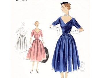 1950s 50s vintage sewing pattern reproduction / cocktail dress / new look hourglass waist / plunge neckline / full skirt / bust 34