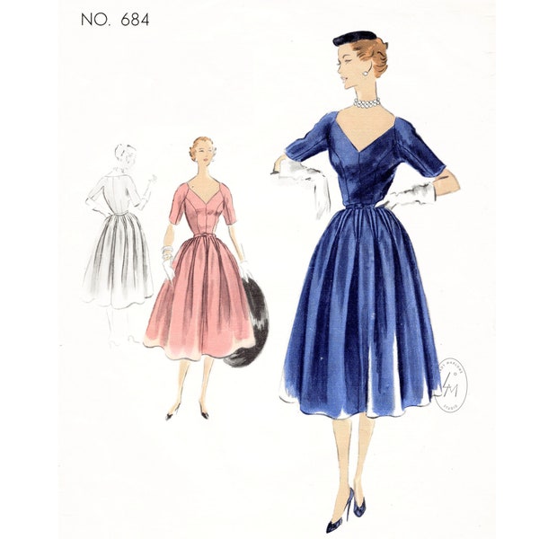 1950s 50s vintage sewing pattern reproduction / cocktail dress / new look hourglass waist / plunge neckline / full skirt / bust 34