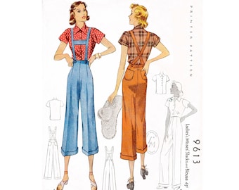 1930s 1940s repro vintage sewing pattern / rosie riveter slacks & blouse / overalls workwear / removable suspender straps / PICK YOUR SIZE