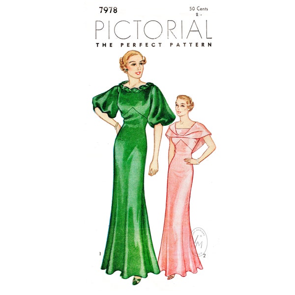 1930s 30s evening gown 3 styles / wide sleeves / draped cowl neckline / vintage sewing pattern reproduction / bust 32 34 36 38 40