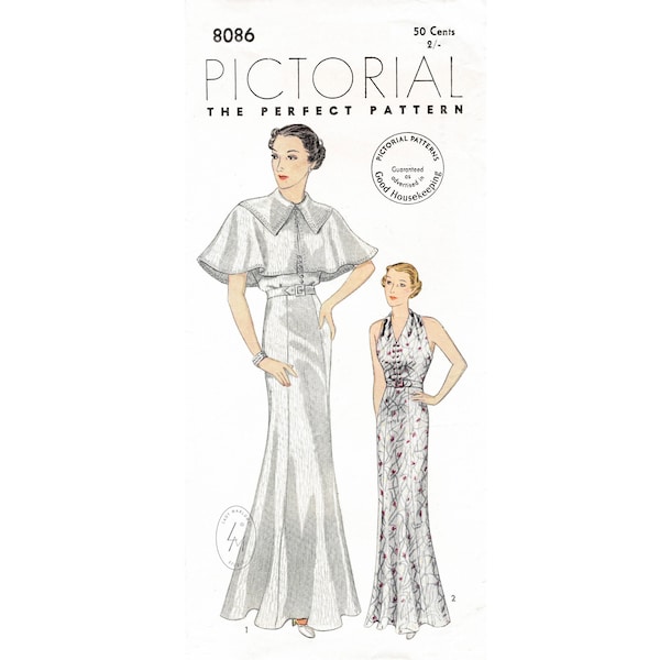 1930s 30s evening gown & cape pattern / strappy dress / low v back / vintage sewing pattern reproduction / bust 32 34 36 38 40