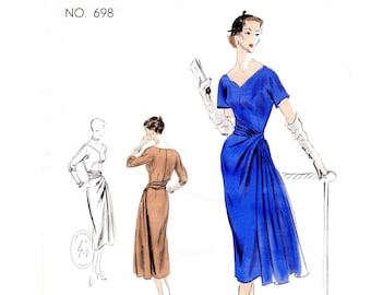 vintage sewing pattern 1950s 50s cocktail dress  cascade drape skirt PICK YOUR SIZE Bust 32 34 36 38 40 reproduction