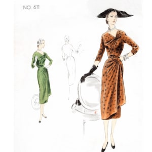 vintage sewing pattern 1950s 50s draped dress   // asymmetric drapery // afternoon cocktail frock // Bust 38
