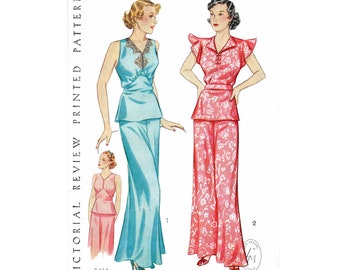 vintage sewing pattern 1920s 1930s reproduction / pajama loungewear / 2 styles/ wide leg trousers / flounce sleeves / bust 32 34 36 38 40