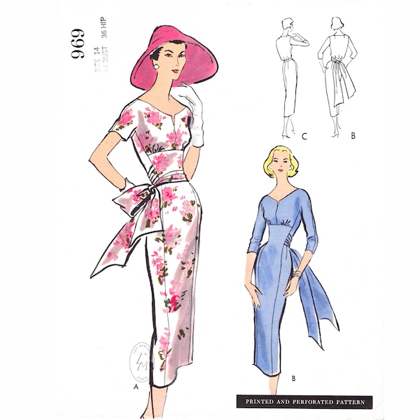 1950s afternoon cocktail dress sewing pattern  // wiggle dress // retro rockabilly // sash waist // bust 34