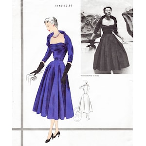 vintage sewing pattern 1950s 50s cocktail dress //   // square neckline // full swing skirt // Bust 34