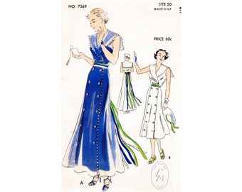 vintage sewing pattern 1930s 30s dress women's  summer nautical details sailor collar ribbon tassels buttons bust 38 b38 reproduction / 1930