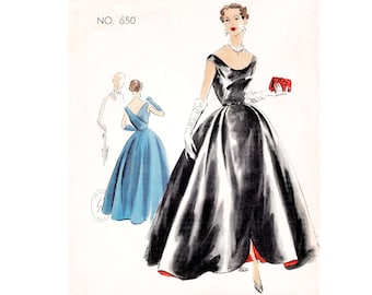 vintage sewing pattern 1950s 50s  evening dress  ball gown /   / portrait neckline / clover leaf skirt / Bust 32 34 36 38 40