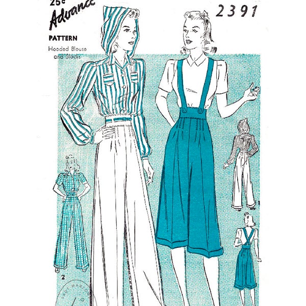 vintage sewing pattern 1940s rosie the riveter workwear ensemble // high waist trousers // hooded blouse //  repro // bust 32 34 36 38 40