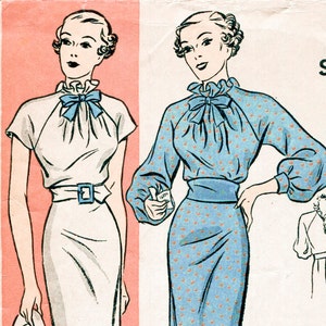 1930s 30s vintage reproduction sewing pattern women's day dress short or long raglan sleeve ruffle neckline cinched waist bust 32 b32/ 1930