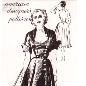May include: A black and white illustration of a woman wearing a dress with a belt and a collar. The dress has a fitted bodice and a full skirt. The illustration is from an American designer's pattern, number 1059, by Ceil Chapman.
