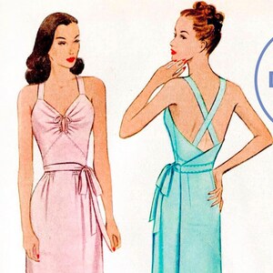 XS S M vintage sewing pattern 1940s 40s vintage dress sewing pattern side tie slip dress gown low plunge back PDF Instant Download