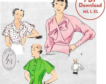 May include: Vintage sewing pattern for blouses, featuring three different styles. The pattern is for sizes 12-14-16-18-20-40-42-44 and is available as a PDF download in sizes ML L XL.