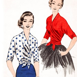 May include: Vintage sewing pattern for a wrap blouse with a polka dot print and a solid blue skirt. The pattern is from Advance, a brand known for its easy-to-follow instructions. The pattern number is 7701 and the size is Medium.