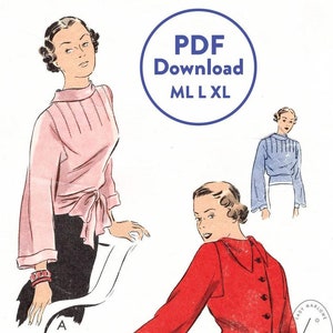 May include: A vintage sewing pattern for a blouse with a cut-in neckline. The pattern includes two different styles, one with a tie at the waist and the other with a button-up back. The pattern is for sizes 12-14-16-18-20-40-42. The pattern is available as a PDF download in sizes ML L XL.